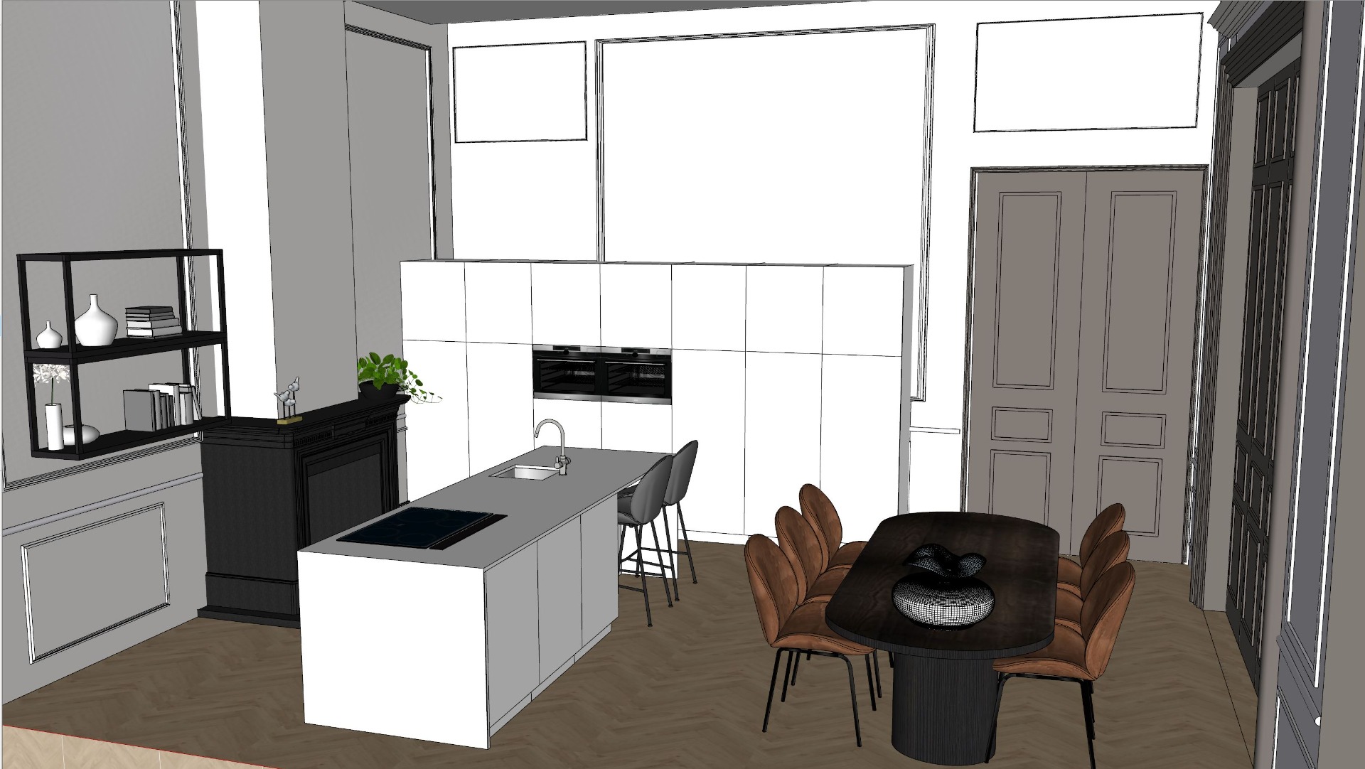 de toekomstige conversatiekeuken (de plafondmoluren staan hier niet afgebeeld maar behouden we uiteraard!)